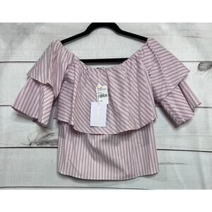 Wayf NWT Top Size Small Off the Shoulders Pink Stripes Ruffles Anthropologie